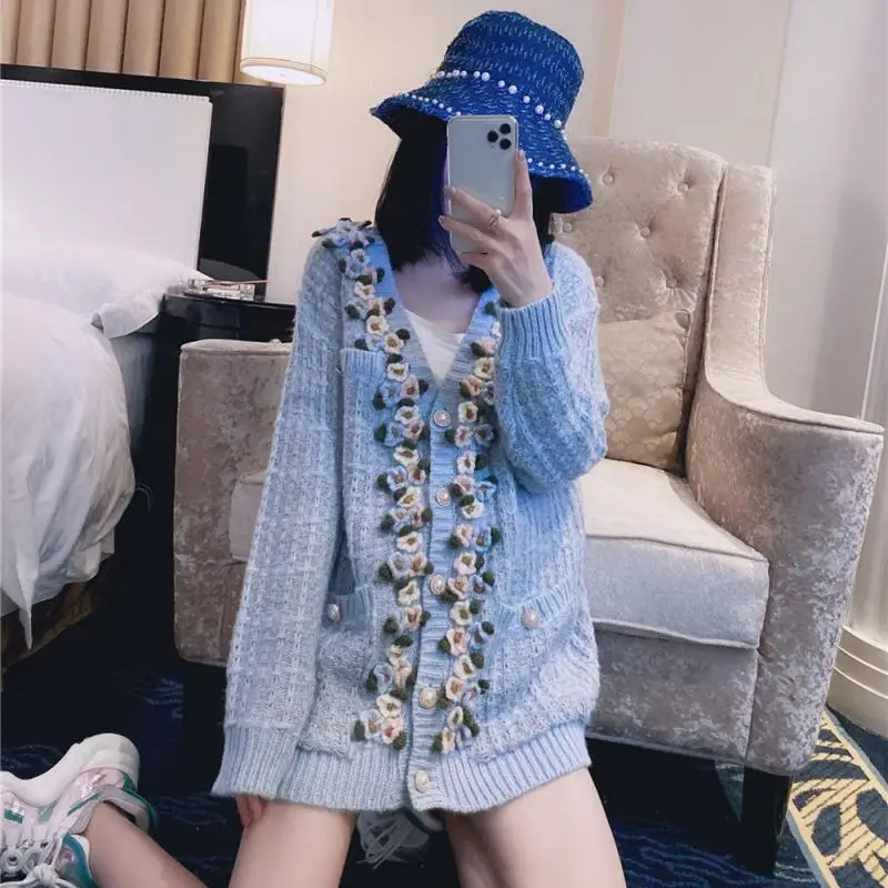 Runway 2021 Autumn Christmas Handmade 3D Flowers Sweater Midi Cardigans Blue Single Breasted Coat Winter Clothes Brand Design |