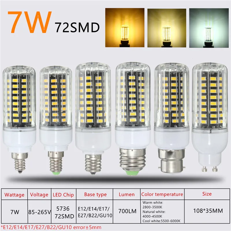 E12 E17 GU10 B22 светодиодный Кукуруза лампы 7W 72 SMD 5736 светодиодный светильник ампулы светодиодный свет AC85-265V энергосберегающие люстра освещение