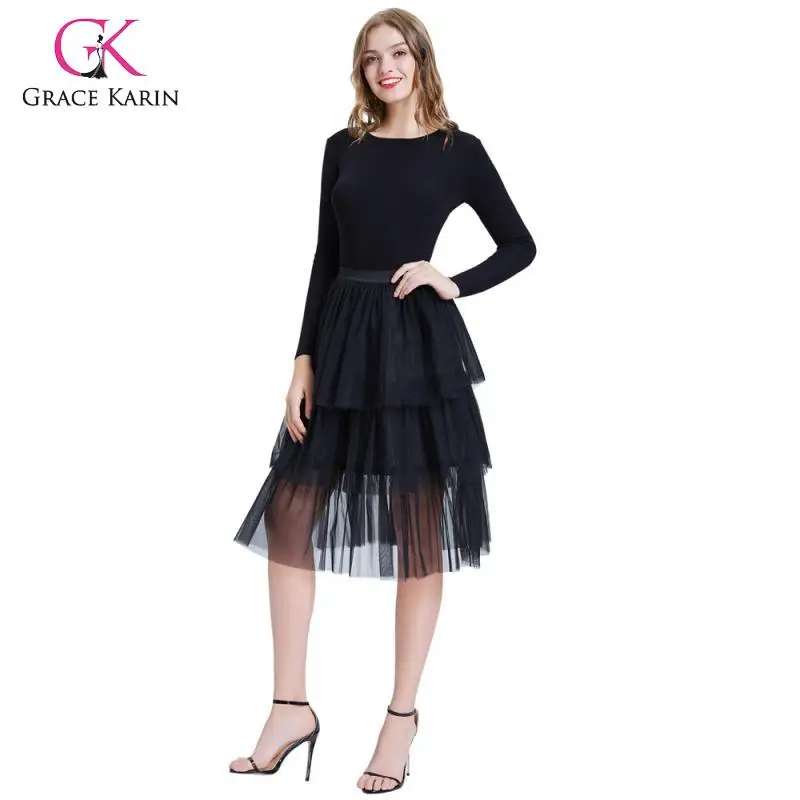 Grace Karin модная женская юбка черная Тюлевая сетчатая юбка эластичная талия три яруса двухслойная трапециевидная повседневная юбка