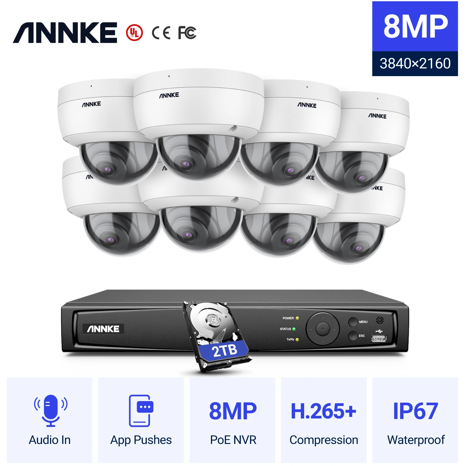 Система видеонаблюдения ANNKE 8 каналов 4K Ultra HD POE Мп H.265 + NVR камер водонепроницаемая