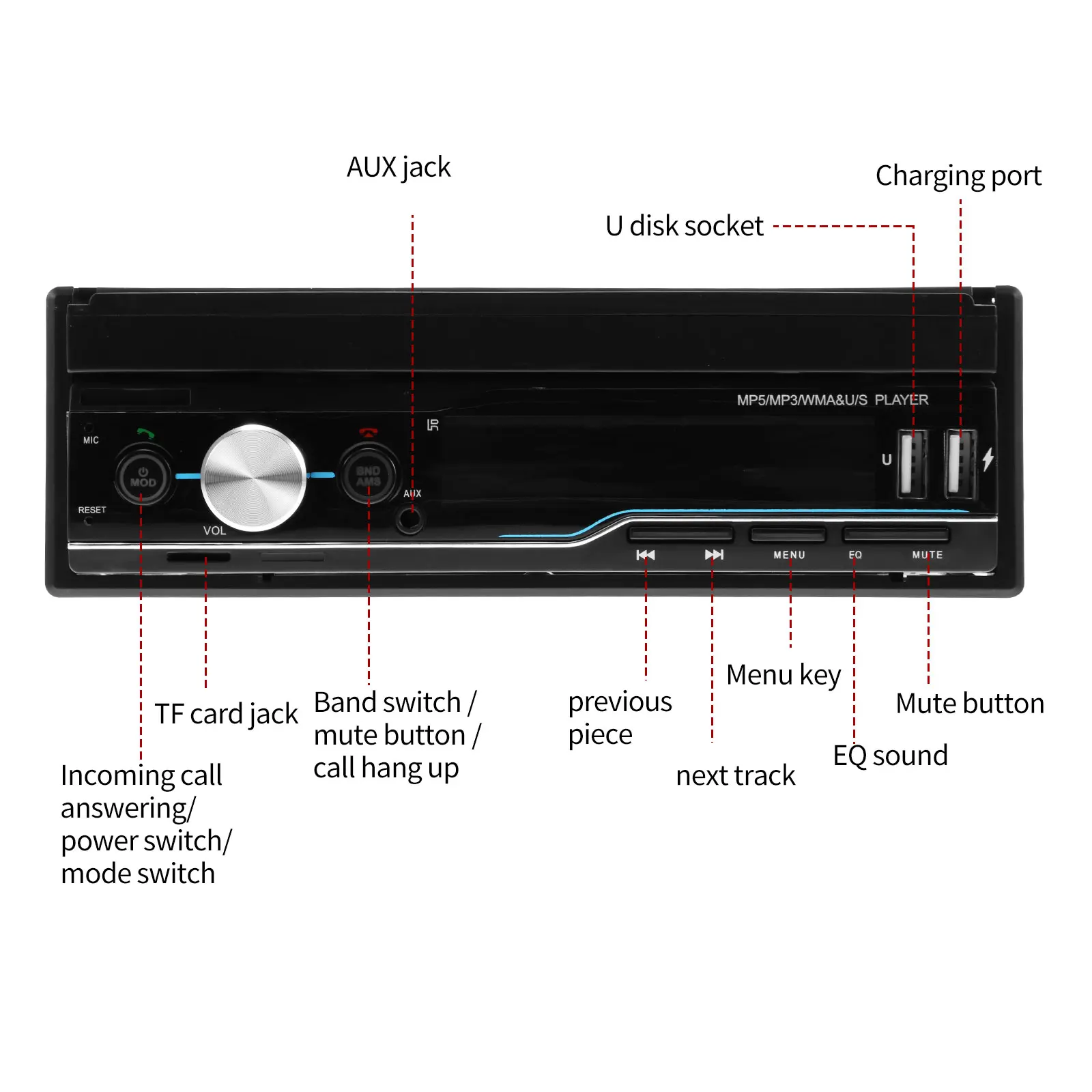 1 Din Retractable Car Radio RDS Mirror Link MP5 Video Player AM FM USB TF Aux 7 inch Touch Screen Stereo System Head Unit T100
