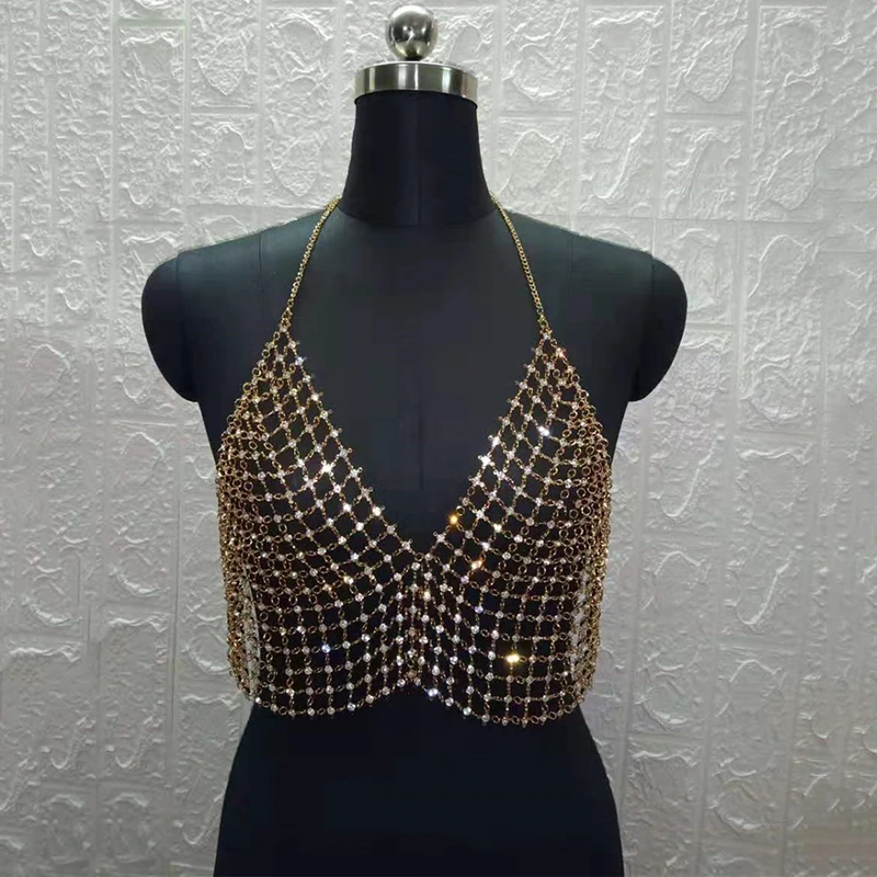 Gold Silver Sparkle Crystal Rhinestones Tank Top Halter Grid Hollow Low Cut Backless Sleeveless Crop Top Sexy Women Club Tops