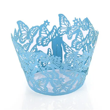 Синий 50Pcs/Lot Lovely Butterfly Paper Cups Lace Laser Cut Cupcake Paper Wrappers Wedding Baking Cup Cake Liners Round DIY Baking - Цвет: Синий