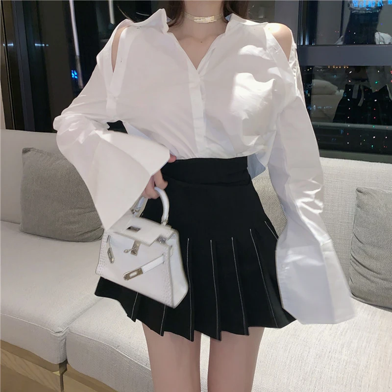 

Fashion Women Clothes Two Piece Set Hollow Out Off Shoulder Long Sleeved Asymmetrical Shirt + High Waist Pleated Skirt Summer