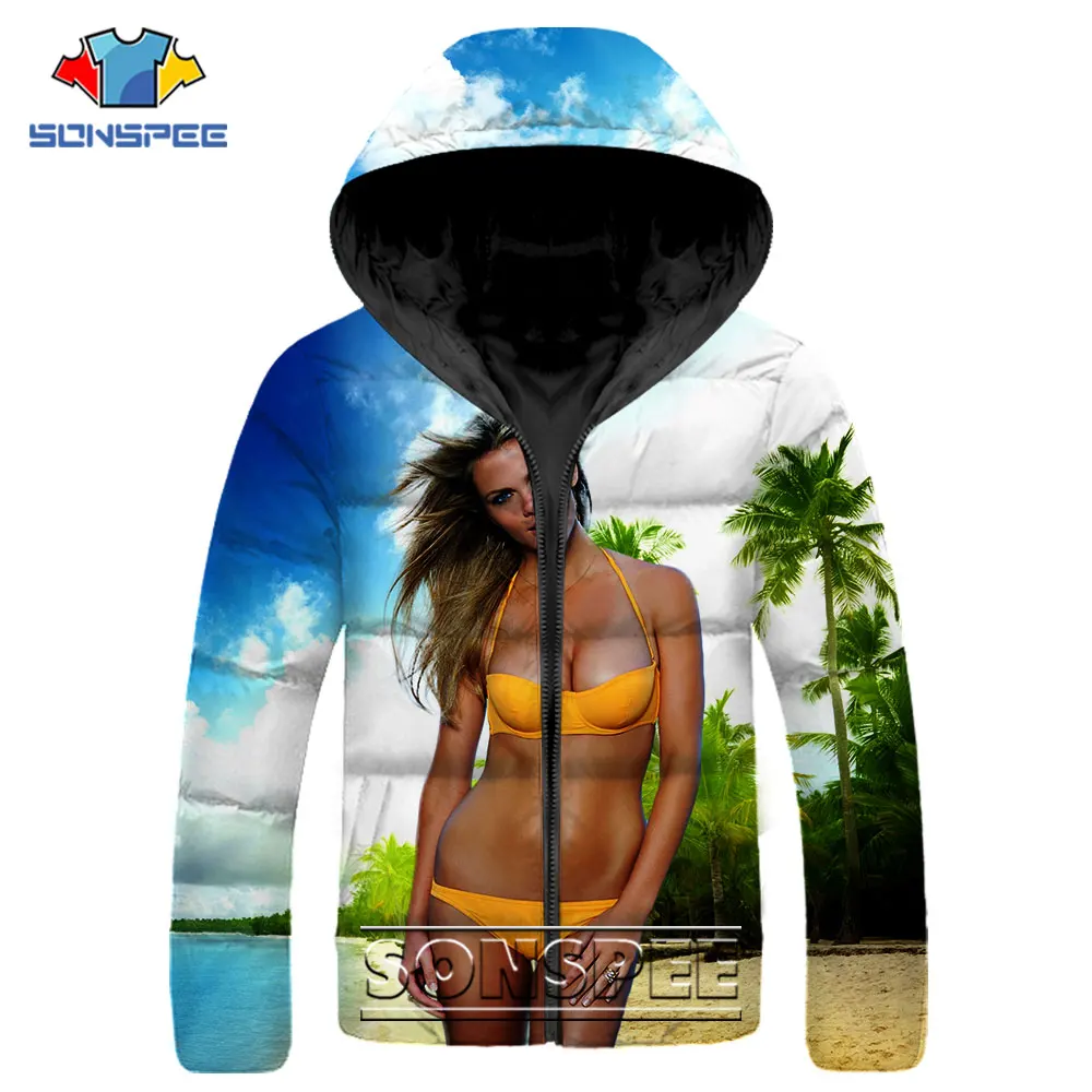 SONSPEE Casual Hip Hop Parkas 3D Print Sexy Cute Beach Bikini Girl Down Jacket Winter Fashion Keep Warm Streetwear Otaku Coat