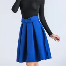Женские весенние плиссированные юбки с высокой талией и бантом размера плюс, женские юбки до колена, повседневные однотонные трапециевидные юбки
