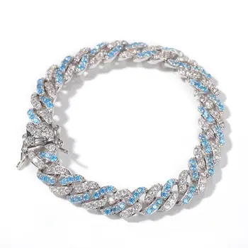 

8mm Cuban Link Chain Light Blue Cubic Zirconia Chain Hip Hop Bracelet Jewelry for Men Women Copper