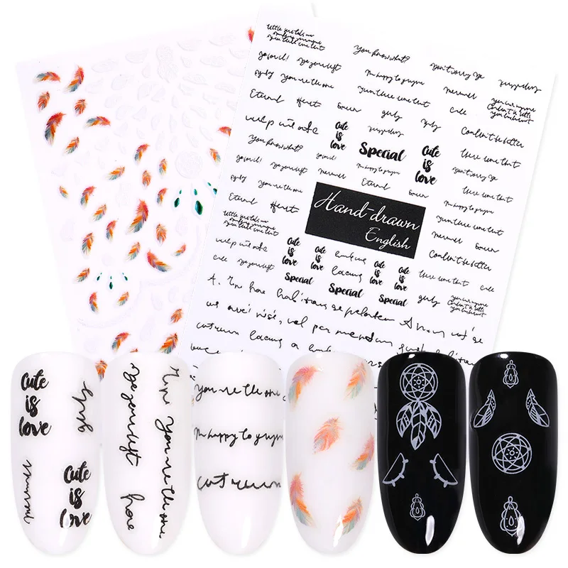 1 лист дизайн ногтей перевод рисунка стикер s письмо перо смешанные узоры 3D наклейки для ногтей Наклейка для дизайна ногтей украшения «сделай сам» дизайн ногтей