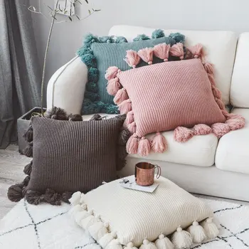 

Knitted Pillow Covers Solid Color Square Pillow Case Sofa Bed Cushion Case Tassels Knitting pillow cases home decor