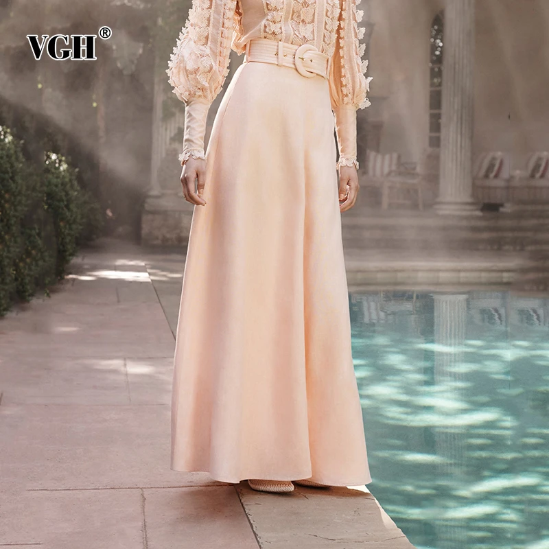 

VGH casual pink satin skirt for female high waist loose oversized Korean maxi skirts women 2019 autumn fashion new clothing
