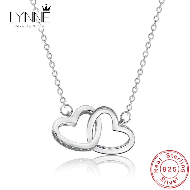 Hot Sale Fashion Double Love Heart Zircon Pendant Necklace 925 Sterling Silver Rose Gold Rhinestone Necklaces Women Jewelry Gift
