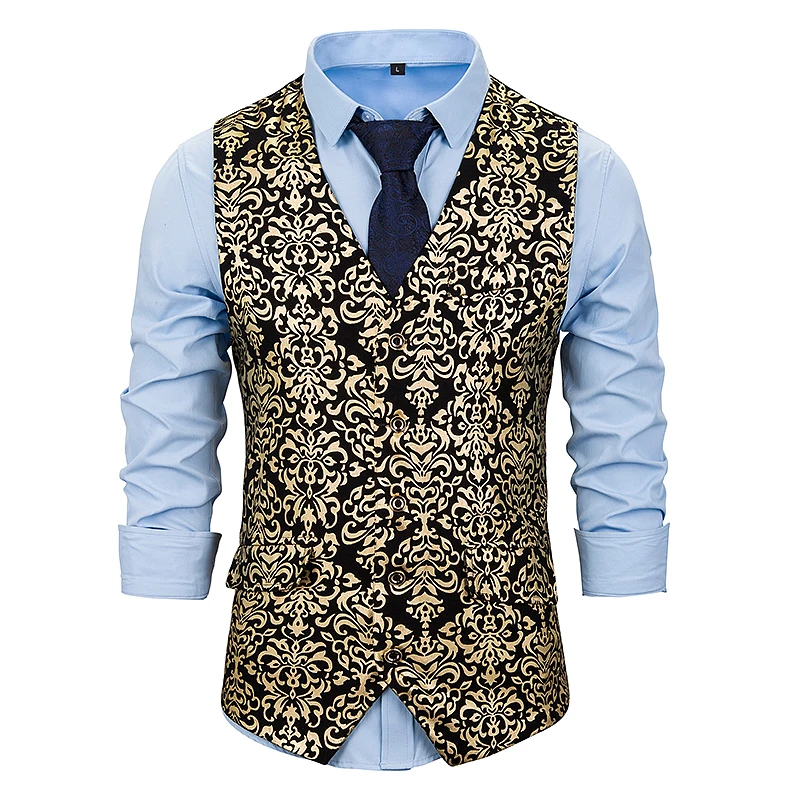 PUIMENTIUA Slim Fit Single Breated  Male Gold Steampunk Wedding Sleeveless Slim Fit  Vests For Men Single Buttons Waistcoat