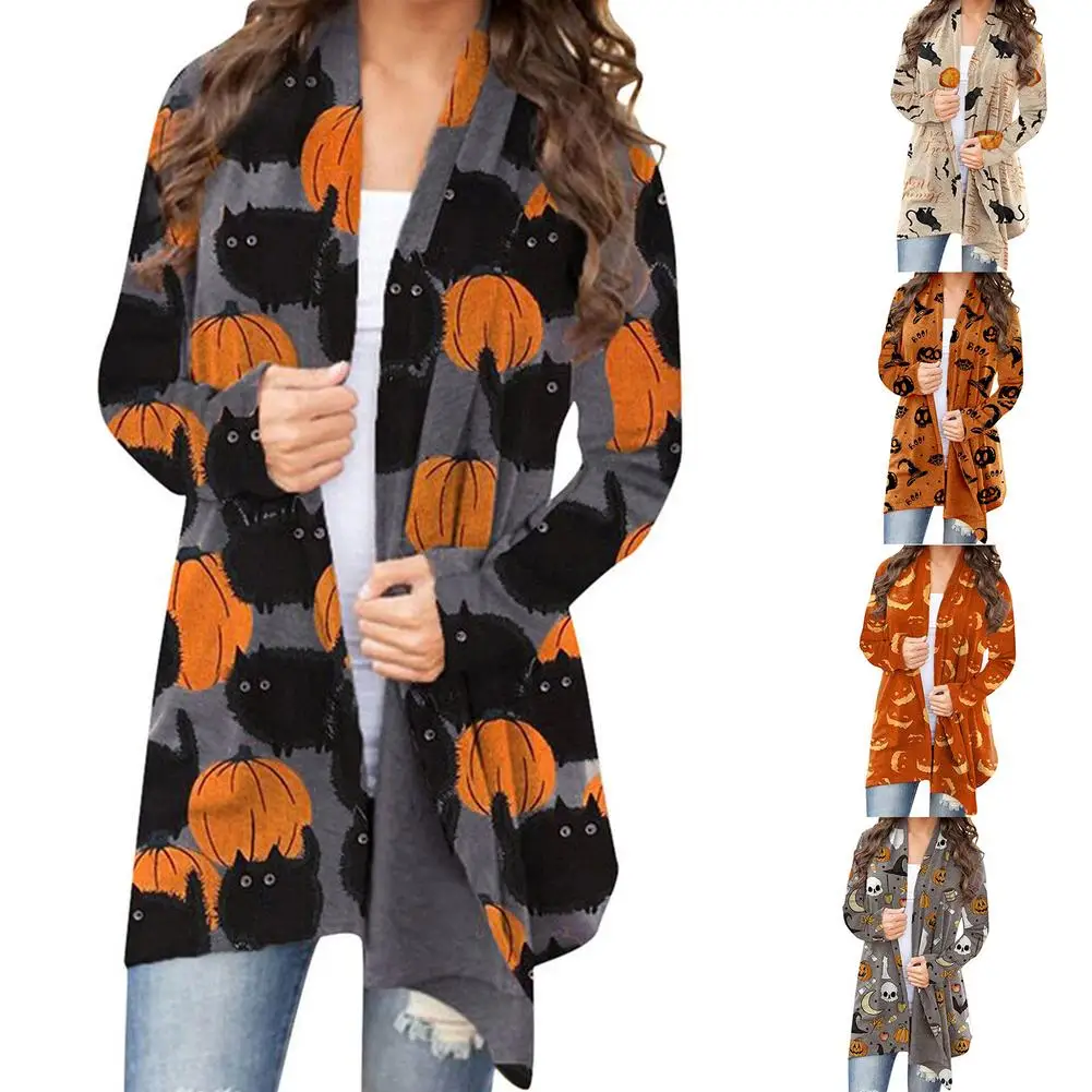 Halloween Cardigan For Women Sweater Top Long Blouse Ladies Sleeve Funny Cute Pumpkin Cardigan Coat Clothing Holiday Gift 1