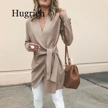 

2020 Spring Women Fashion Elegant Asymmetrical V Neck Irregular Hem Winter Jacket Solid Wrapped Self-Belted Long Sleeve Coat