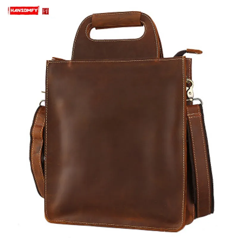 

New Men's handbag genuine leather men shoulder crossbody bag vertical square retro handmade first layer leather 13" laptop bags
