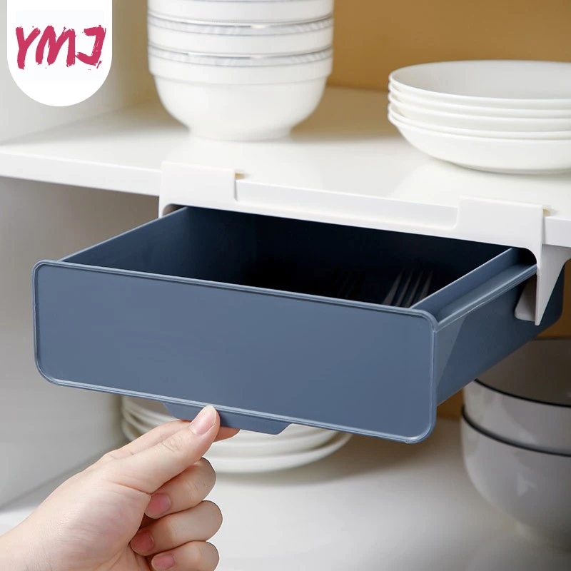 

1PC Drawer Type Storage Box Plastic Hidden Type Storage Holder Sticky Type Cabinet Clapboard Hanging Storage Box for Home Office