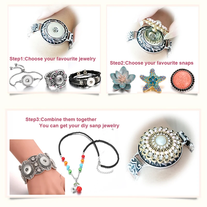 6pcs/lot New 18mm Snap Jewelry Metal Crystal Rhinestone Flower Snap Buttons Fit 18mm Snap Button Bracelet Interchangeable Charms