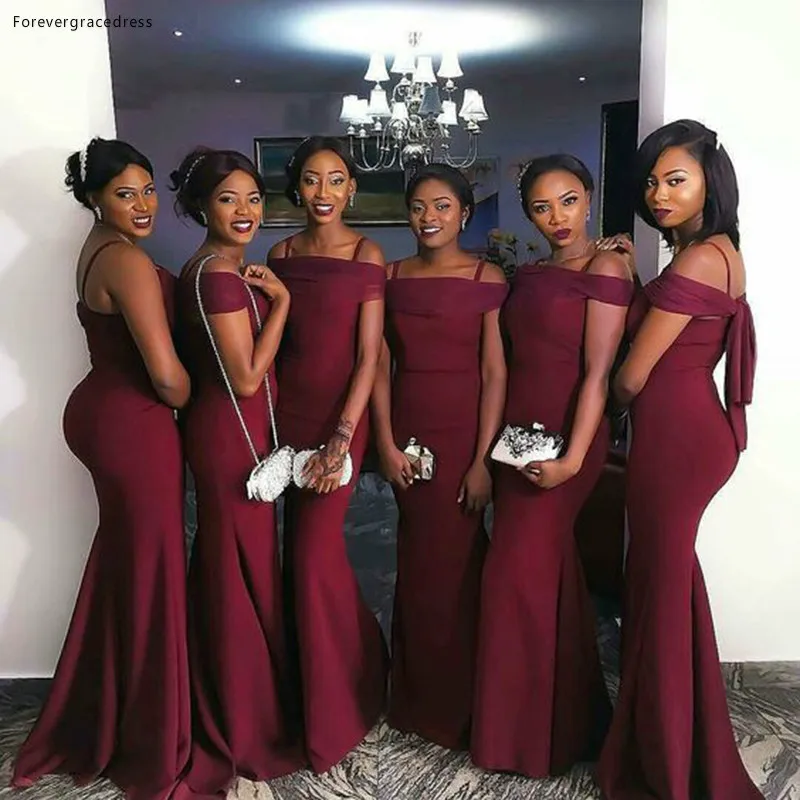 Wine Red Bridesmaid Dress Elegant Mermaid Off-shoulder African Bridesmaid Dresses Plus Size Vestidos Madrina De Boda Largos B69  129