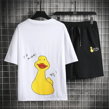 

Fashion Shorts Set Men Sportswear Set Loose Summer Print Men Shorts + T shirt Men's Suit 2 Pieces Beach Sets Plus Size