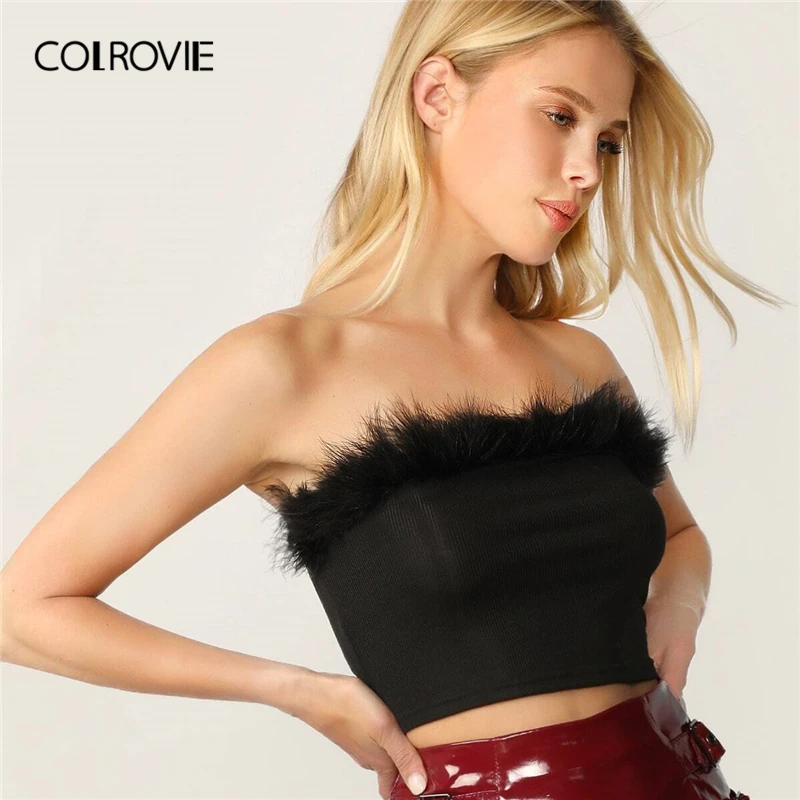 COLROVIE, черный, искусственный мех, ребристая вязка, бандо для женщин, гламурный, новинка, модные, тянущиеся, облегающие, без бретелек Топы