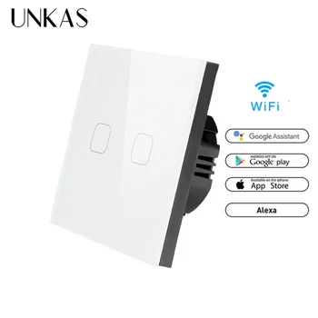 

UNKAS Alexa Google Home 86 Type Touch Switch 2 gang 1 way wifi light switch White APP Wireless Remote EU Standard