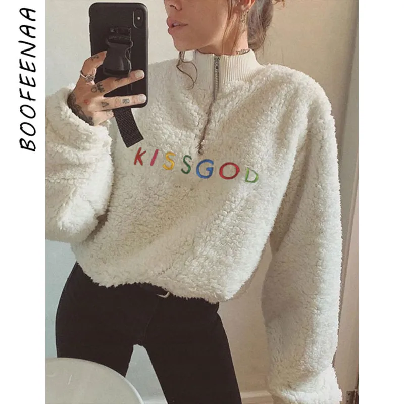 

BOOFEENAA Half Zip Lamb Fleece Hoodies Women Streetwear Letter Embroidery Womans Sweatshirt Autumn Winter Wear C67-AC27