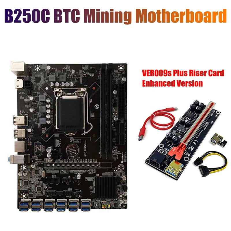 Материнская плата B250C BTC Miner + карта подъема 009S Plus улучшенная версия 12xpcie на USB3.0