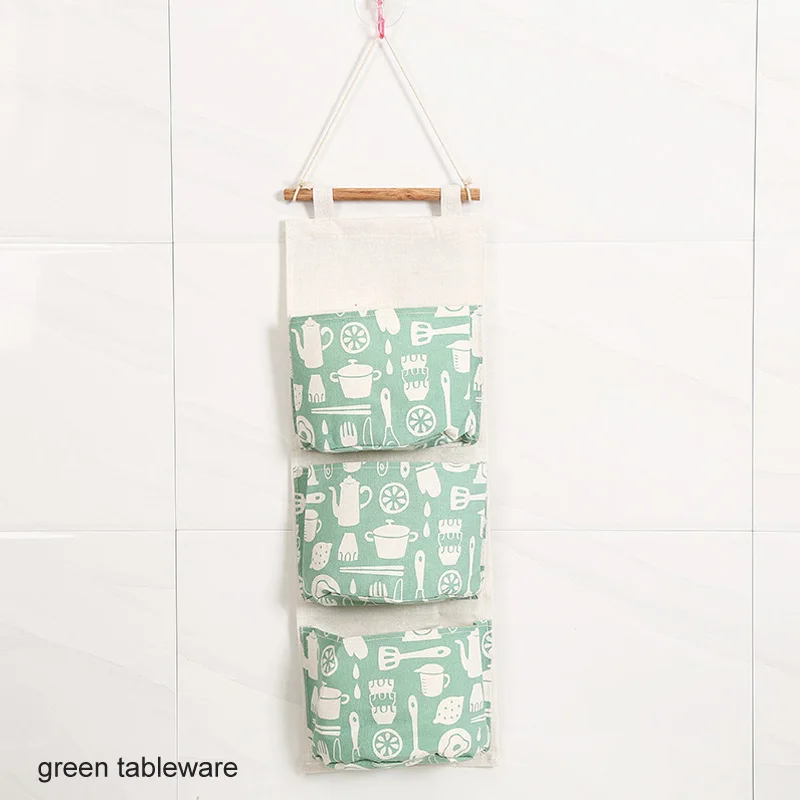 Фламинго шаблон хлопок белье шкаф Висячие Сумки 3 кармана настенный мешок висячая сумка для хранения Настенный косметический Органайзер для игрушек - Color: green tableware