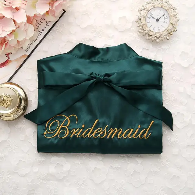 Bride Bridesmaid Wedding Robe Embroidery Kimono Bathrobe Gown Nightgown Casual Satin Short Women Sexy Nightwear Sleepwear Bridesmaid  Green