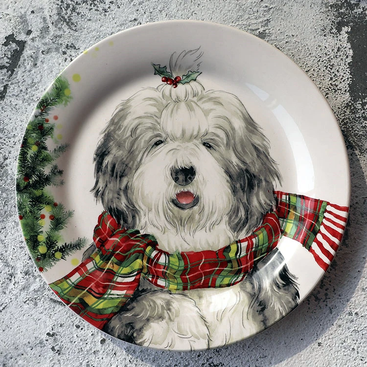 1Pcs 8 inch Christmas cartoon animal round ceramic plate tableware sashimi plate sushi snack cake steak salad storage flat plate