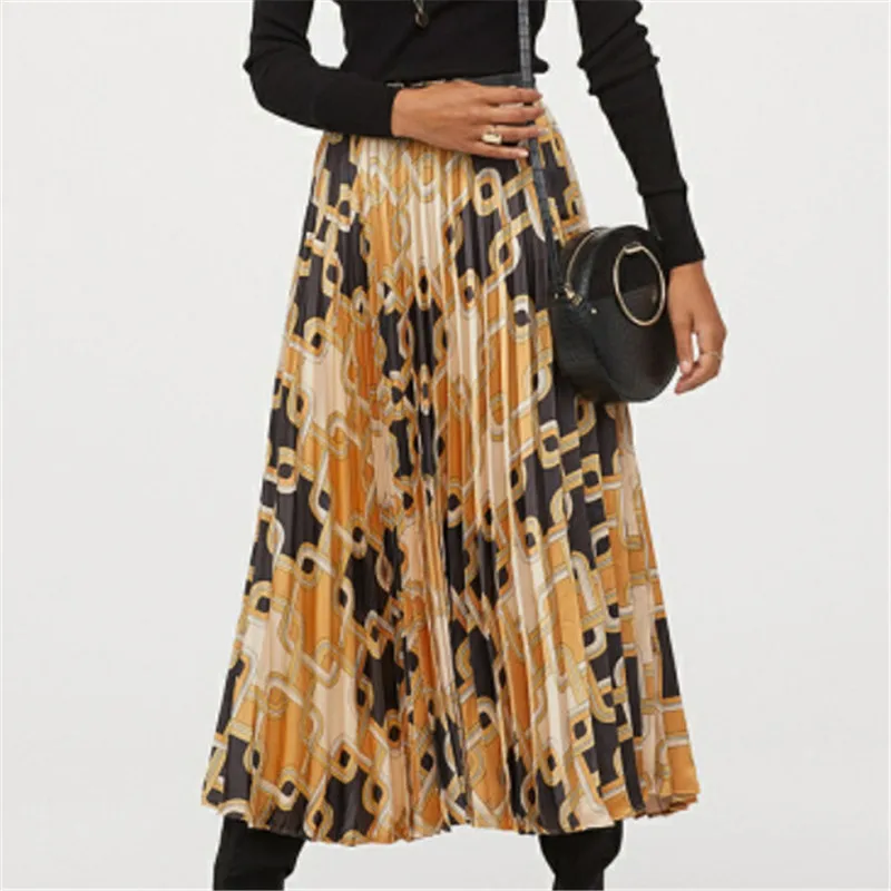 Женская модная плиссированная юбка с цепочкой, эластичная юбка с высокой талией в европейском стиле, женские миди юбки средней длины, Женская юбка