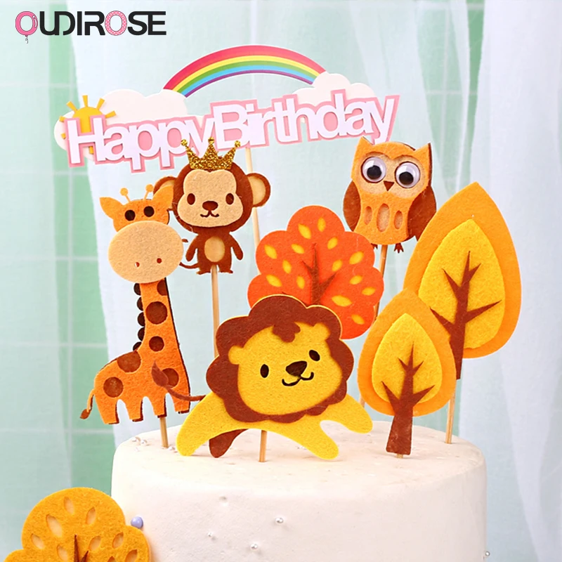 Вечерние украшения для торта в джунглях; Милые фетровые украшения для торта в виде животных; украшения для торта в виде льва, слона; мини-топперы для кексов; товары для дня рождения