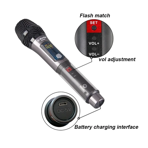 G-MARK X220U UHF 노래방 마이크 녹음, 핸드헬드 2 채널 리튬 배터리, 무대 교회 파티 학교용, 50m 3