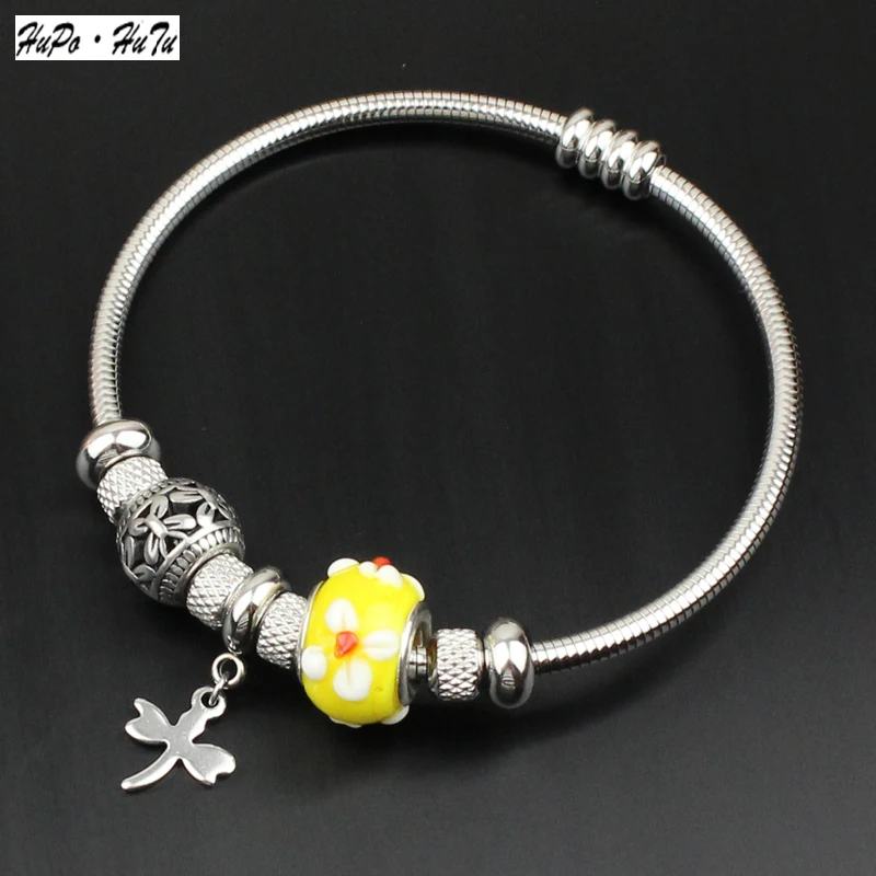 

Four-leaf glazed bead butterfly blackened Dragonfly accessories Magnet button open spring snake chain stainless steel bracelet