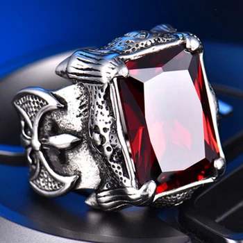 

Red Square Simulated Ruby Stone Finger Ring for Men Retro Made Old Titanium Steel Dragon Claw Punk Cool Style Ring Party Jewelry