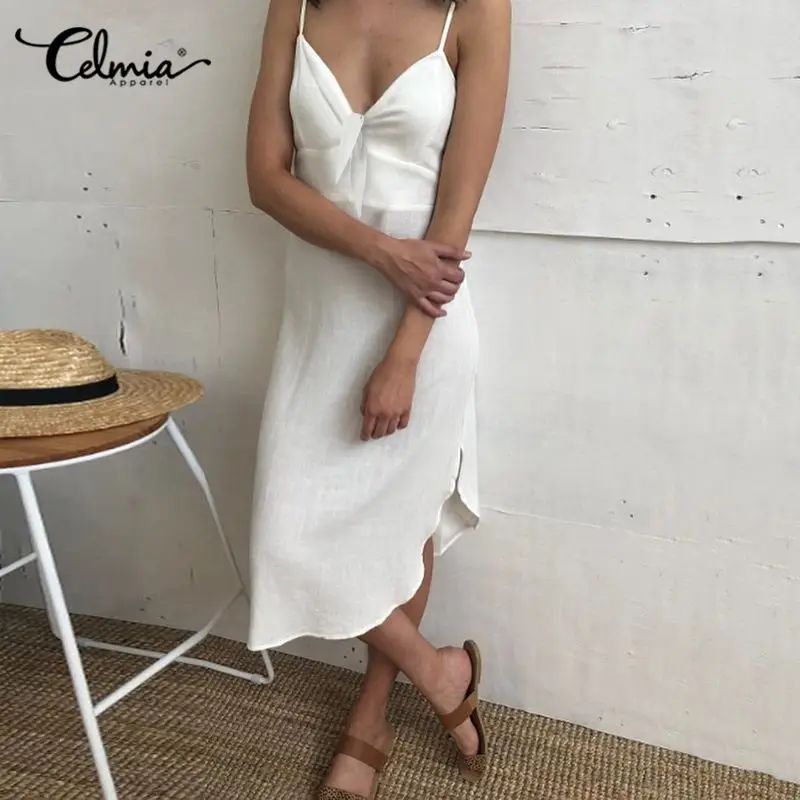 

Celmia 2020 Women Sexy Spaghetti Straps Summer Dress Sexy V neck Casual Solid Beach Sundress Sleeveless Split Hem Robe Vestidos