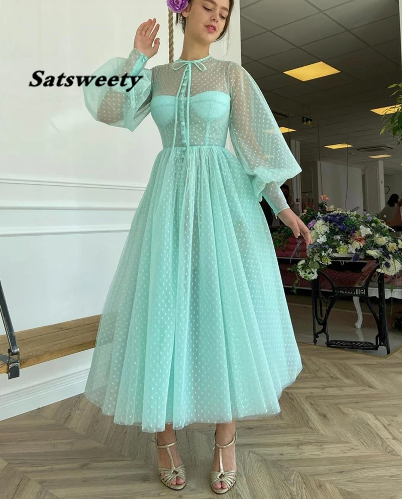 

Turquoise Green Dotted Tulle Tea Length Prom Dresses With Buttoned Top O-Neck Long Puff Sleeves Homecoming Party Dress