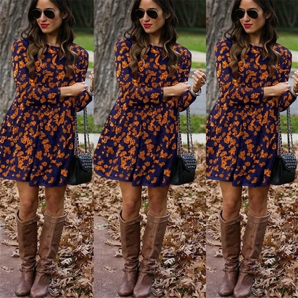 NY Fashion Women Dress Floral Printing Elastic Waist O-Neck Loose Long Sleeves Female Autumn Winter Party Dress Vestidos - Цвет: NY
