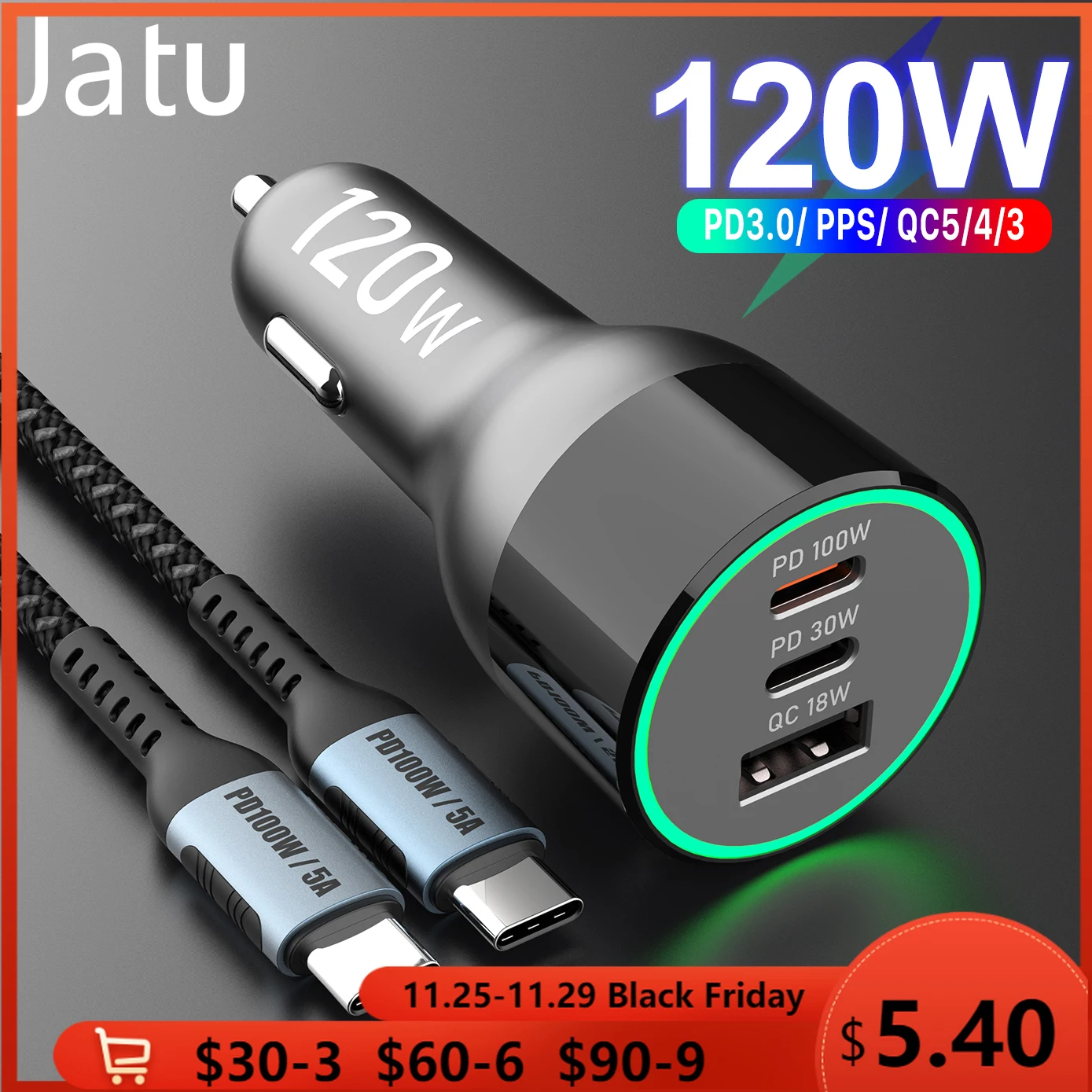 Автомобильное зарядное устройство с 3 портами USB C 120 Вт QC5 PD 100 PPS 45 30 QC3.0 18 для xiaomi