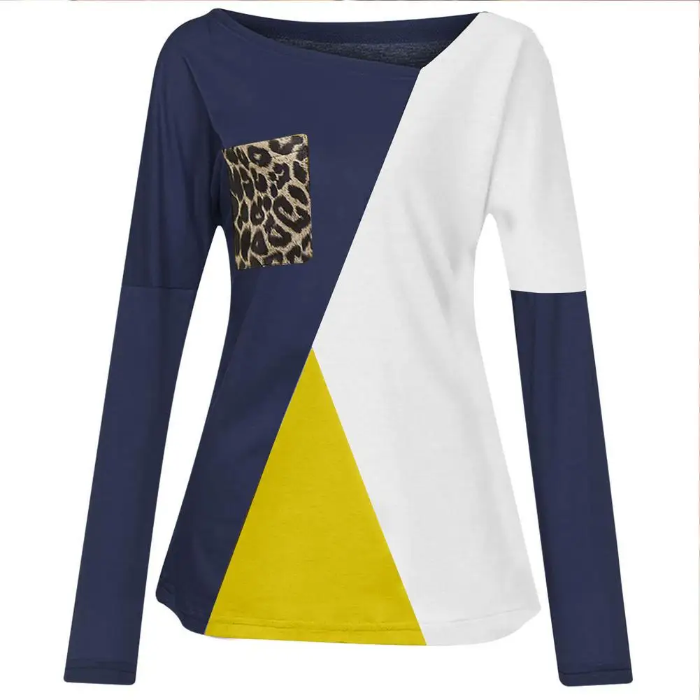Women V Neck Long Sleeve Tops Unique V Neck Loose Blouses Leopard Stitching Pullover Shirt 2