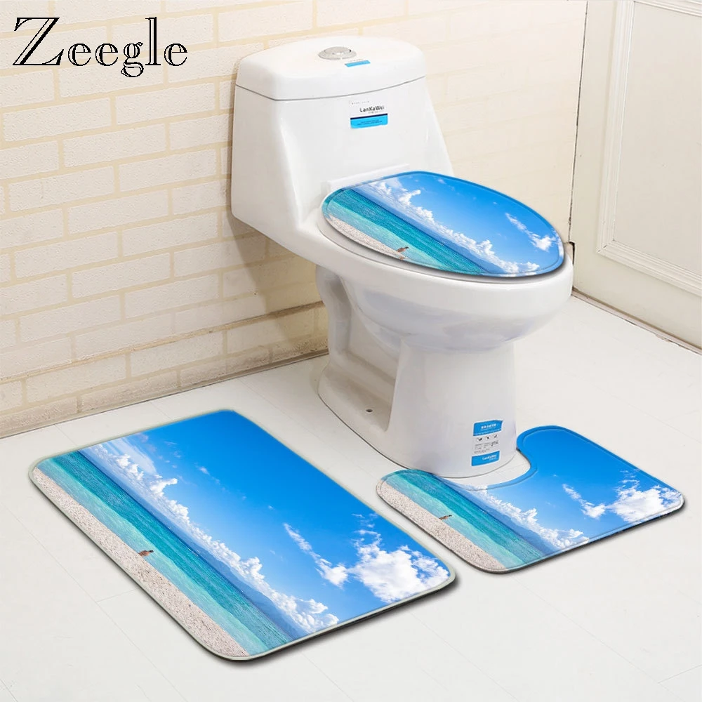 Zeegle 3D пляжный коврик для ванной с рисунком, набор, крышка для унитаза, микрофибра, коврик для душа, нескользящий коврик для туалета, коврик для ванной комнаты, мягкий напольный коврик