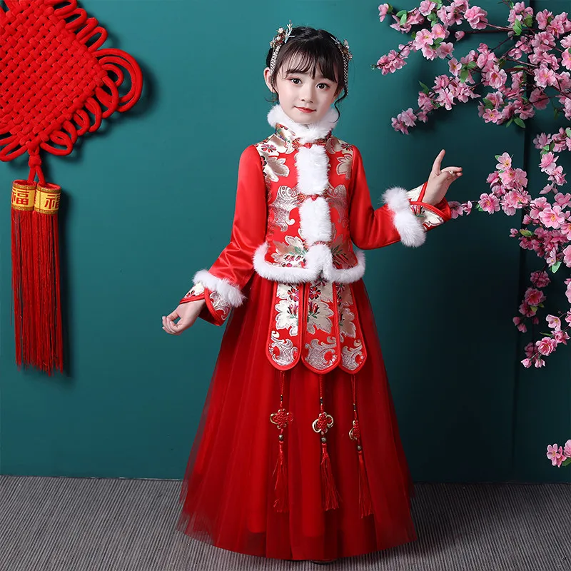 

Red Chinese Hanfu Suit Evening Party Long Dress Girls Princess Embroidery Clothes Baby Frocks Children New Year Dress Winter