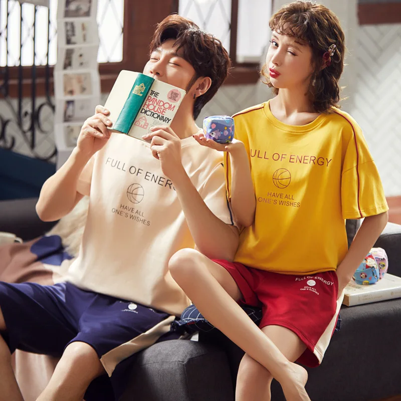 

Men And Women Home Wear Korean-style Two-Piece 2020 Summer New Style Casual Loose-Fit Lettered Short Sleeve Couples Pajamas Pure