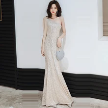 Вечернее платье, сексуальное платье на одно плечо, K001, шикарное, с блестками, элегантное, торжественное платье, длина до пола, Русалка, вечернее платье