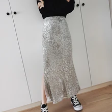 Женская юбка, расшитая пайетками, осень-весна, женская тонкая, с разрезом, посылка, на бедрах, сверкающая, серебристая, с блестками, миди, одношаговая юбка, Jupe Femme