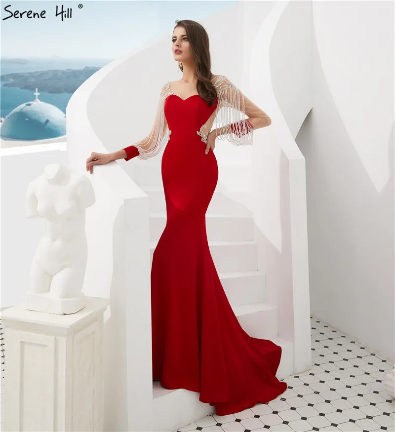 Сексуальное красное платье с длинным рукавом для выпускного вечера, длинное платье с кисточками и бусинами, платья для выпускного вечера Serene hilm LA6618