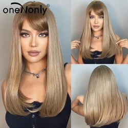 oneNonly Brown Blonde Wig Long Straight Natural Wigs with Bangs Daily Party Cosplay for Women Human Hair Heat Resistant
