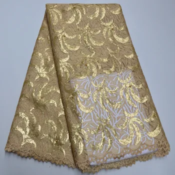 

Gold Color African Lace Fabric 2020 Embroidered Nigerian Laces Fabrics High Quality French Tulle Lace Fabric With Sequins SS8-8
