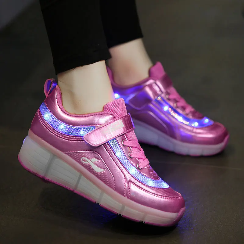  Children One Two Wheels Luminous Glowing Sneakers Gold Pink Led Light Roller Skate Shoes Kids Led S - 4000340638782
