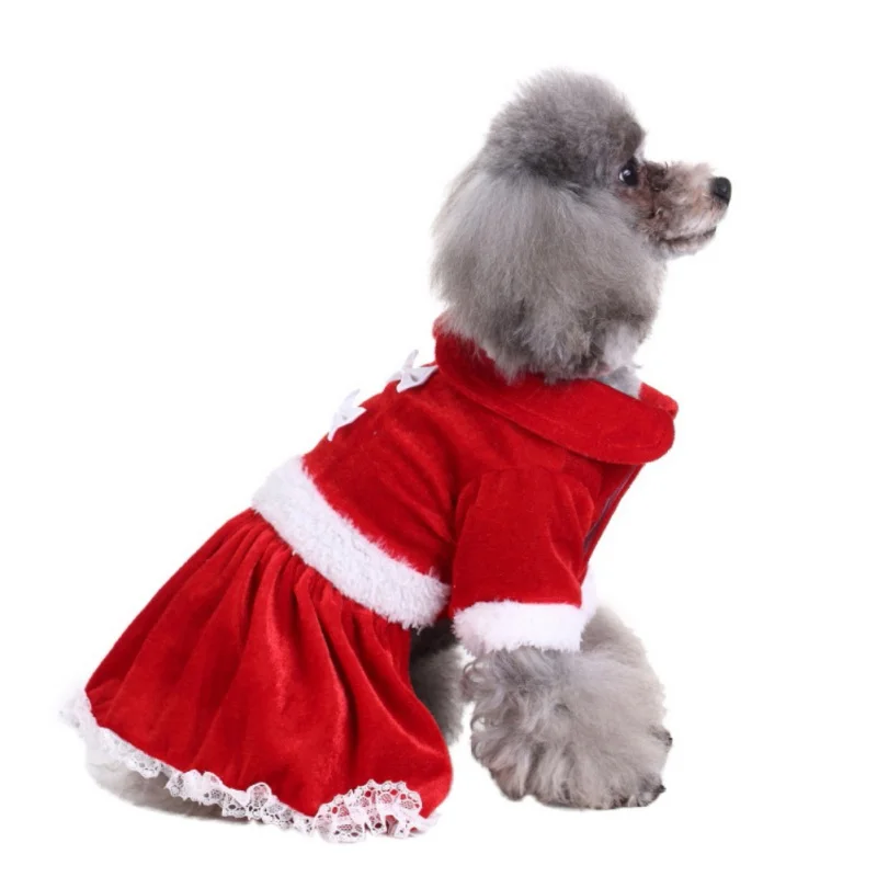 winter Warm Christmas Dress Lovely Red Bow Puppy Skirt Pet Dog Lace Cotton Xmas Dog Costume yorkie Chihuahua Cat Clothes